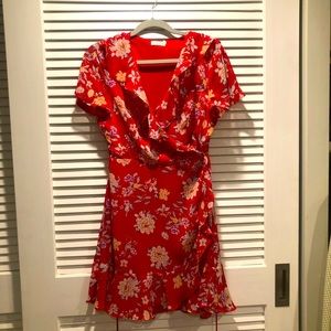 Red and floral wrap sun dress, lovely fabric and very flattering for figure!